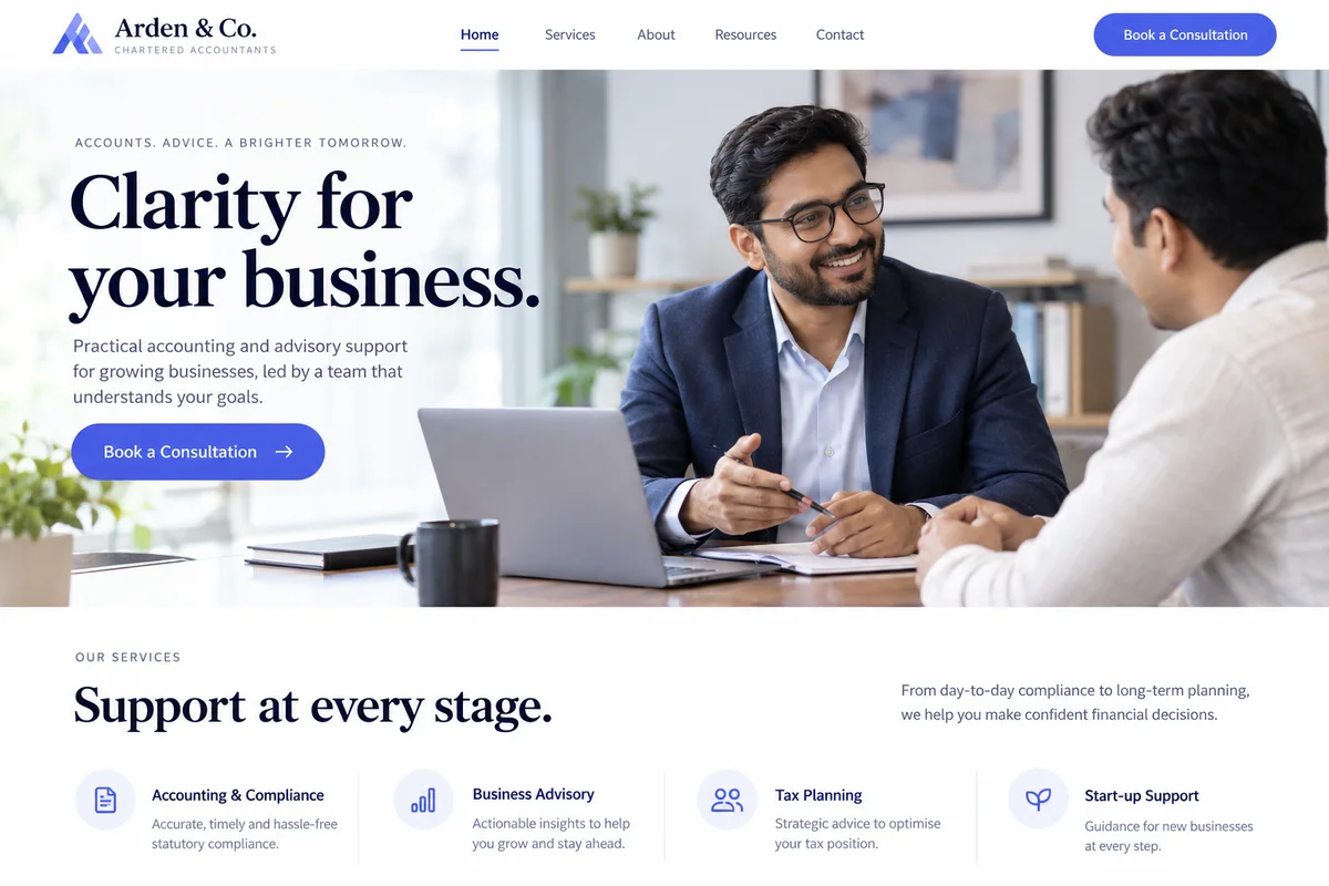 AI-generated accountants website design sample with photography and a customer enquiry journey