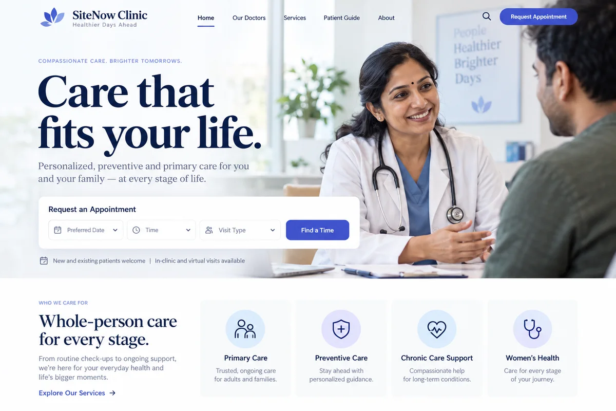 AI-generated clinics website design sample with photography and a customer enquiry journey