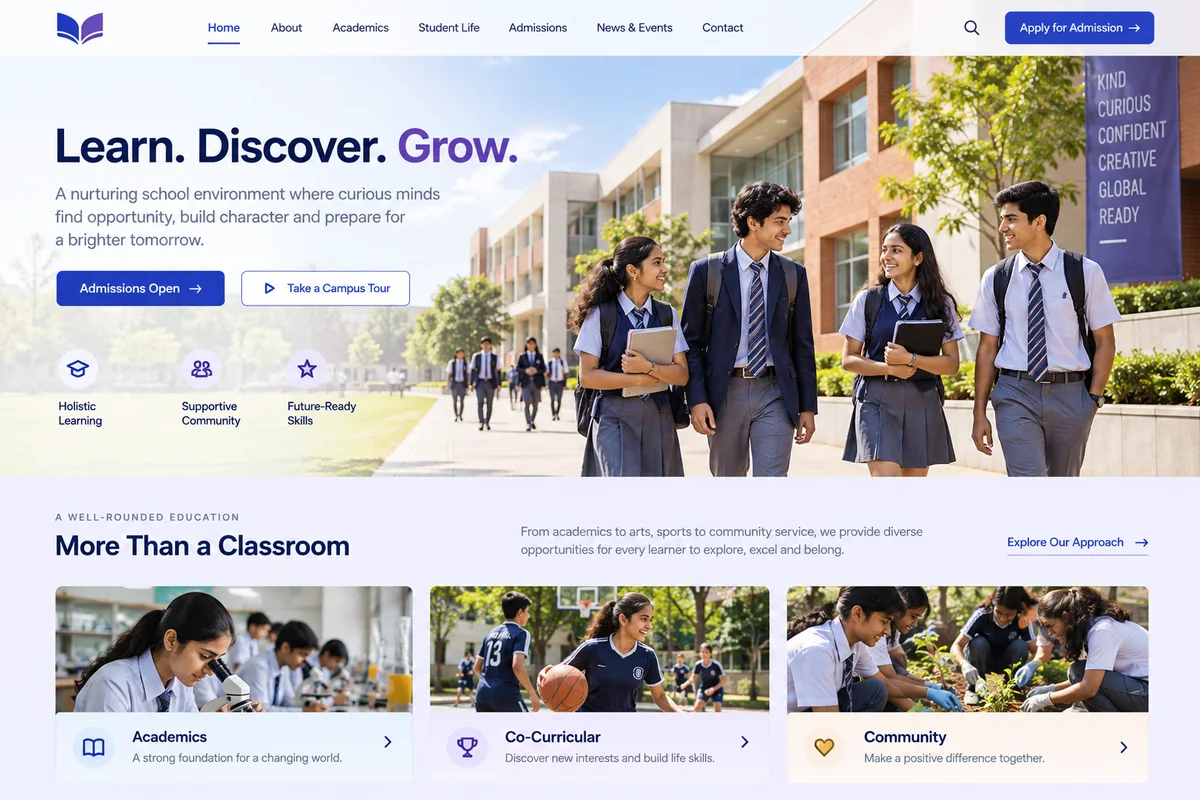 AI-generated education website design sample with photography and a customer enquiry journey