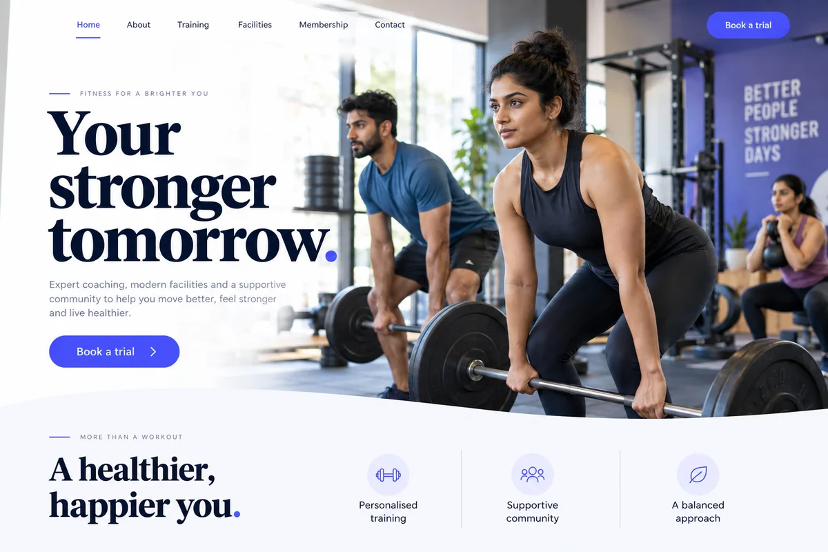 AI-generated fitness website design sample with photography and a customer enquiry journey