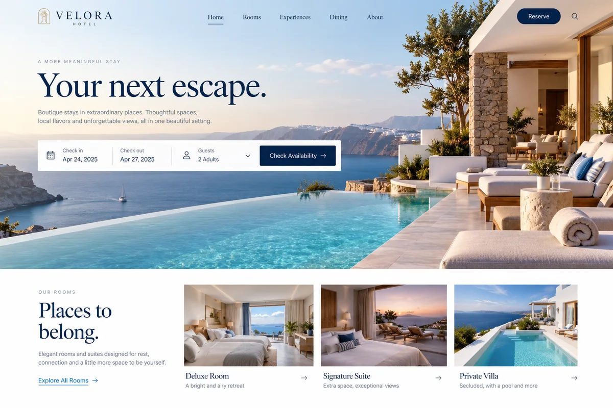 AI-generated hotels website design sample with photography and a customer enquiry journey