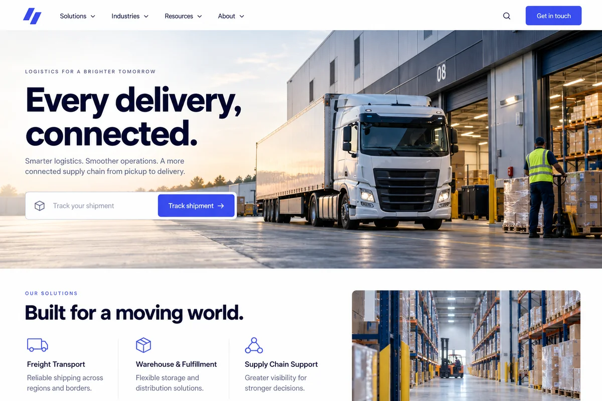 AI-generated logistics website design sample with photography and a customer enquiry journey