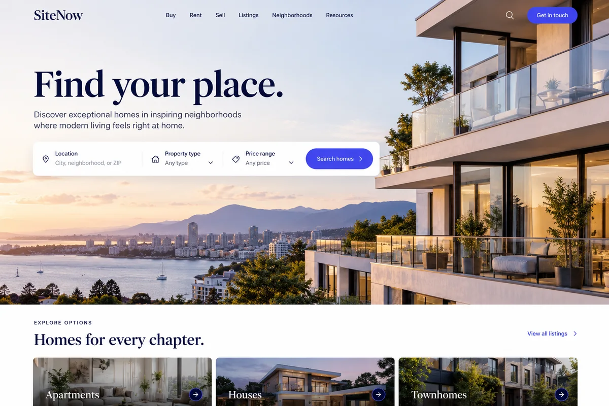 AI-generated real estate website design sample with photography and a customer enquiry journey