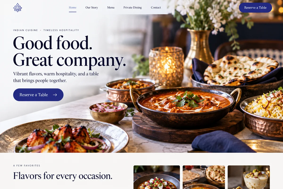 AI-generated restaurants website design sample with photography and a customer enquiry journey