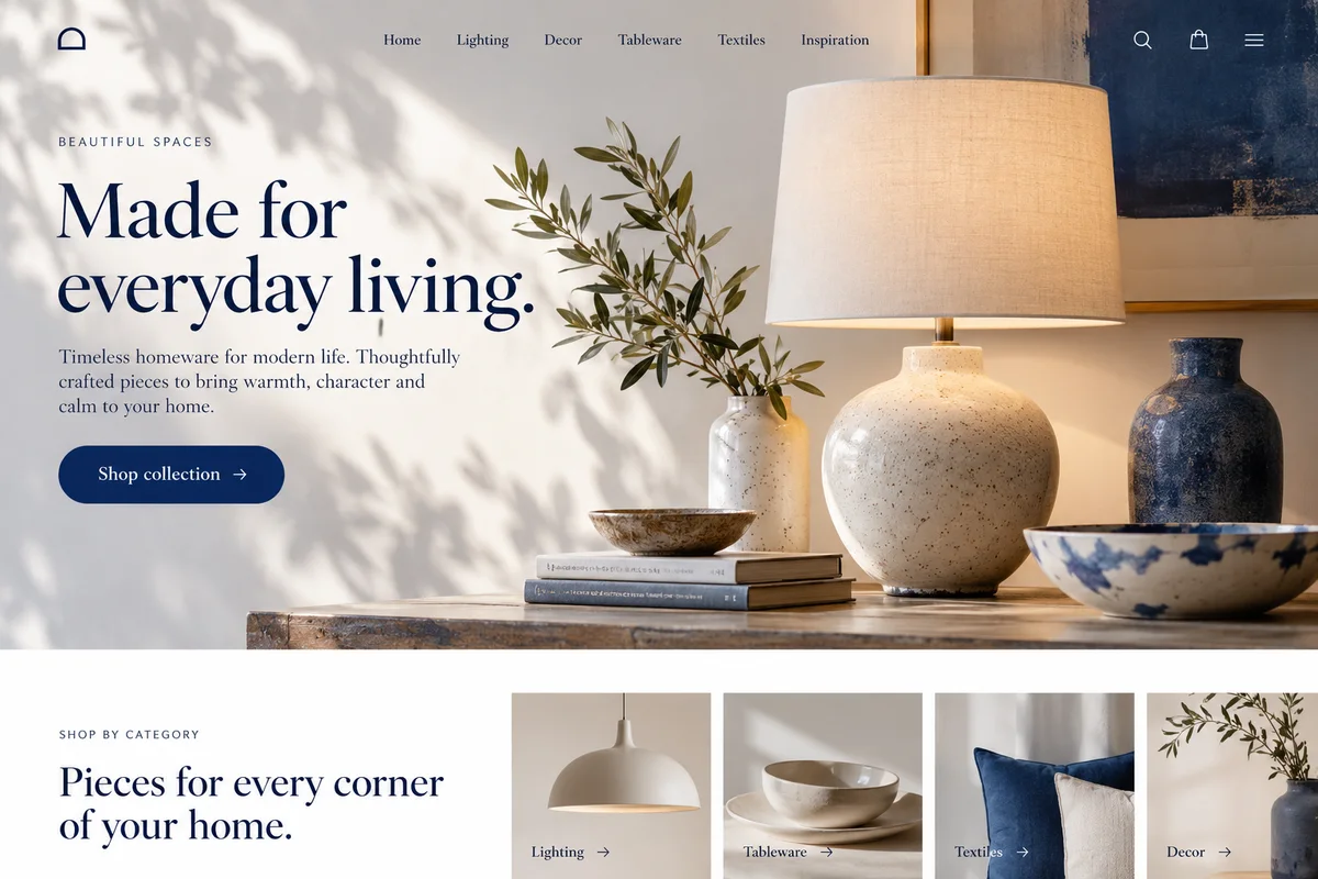AI-generated retail & stores website design sample with photography and a customer enquiry journey