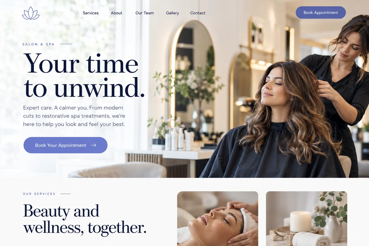 AI-generated salons & spas website design sample with photography and a customer enquiry journey
